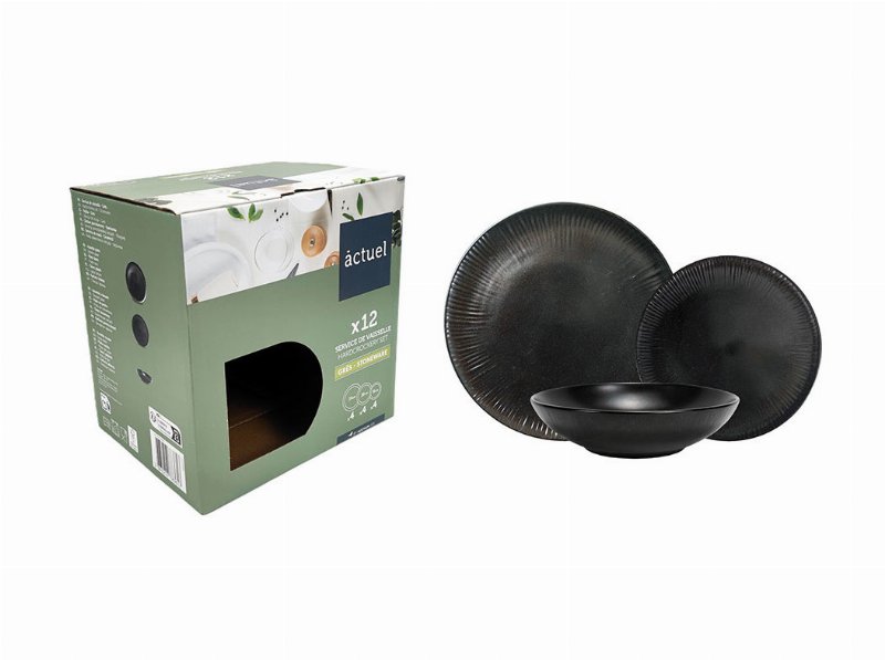 Serviço 12Pcs Actuel Porcelana Relevo Preto