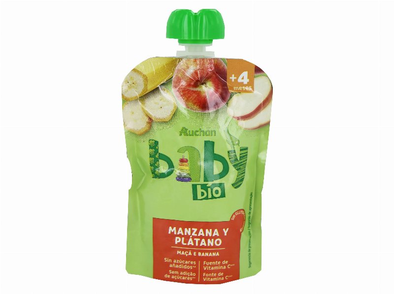 Saqueta Fruta Auchan Baby Bio Maçã E Banana Sem Glúten 100 g
