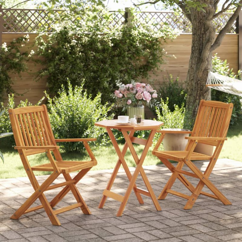 Hkh 3 Pcs Conjunto De Bistrô Dobrável Madeira De Acácia Maciça - Marrom
