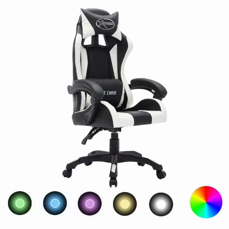 Hkh Cadeira Estilo Corrida Luzes Led Rgb Em Couro Artificial - Branco/Preto