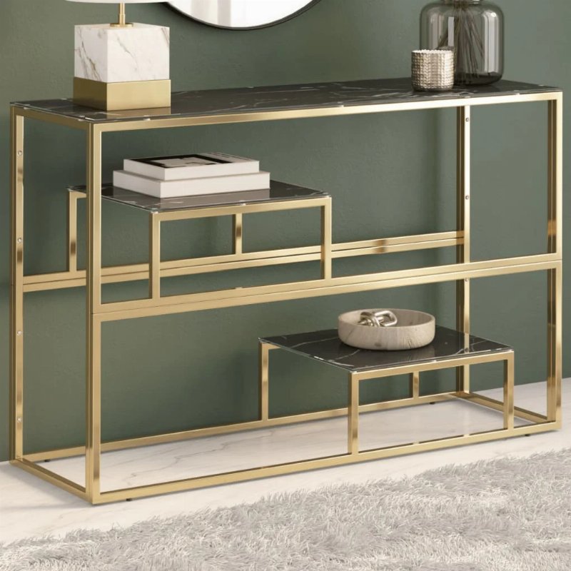 Hkh Mesa Consola Em Aço Inoxidável E Vidro Temperado - Dourado