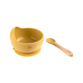 Taça E Colher Madeira E Silicone Amarelo Interbaby