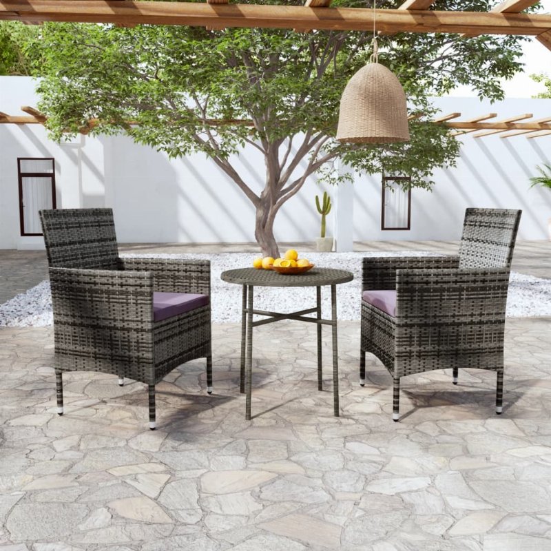Hkh 3 Pcs Conjunto De Jantar Para Jardim Vime Pe - Cinzento
