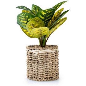 Planta Artificial Com Vaso Palha Folhas Verde E Amarelo Kasa