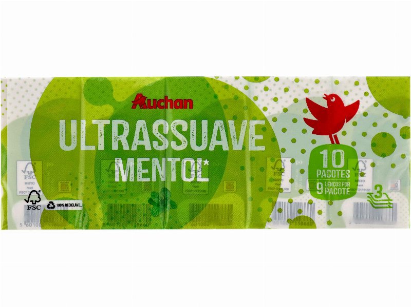 Lenços Bolso Auchan Ultrassuave Mentol 3 Folhas 10 Un