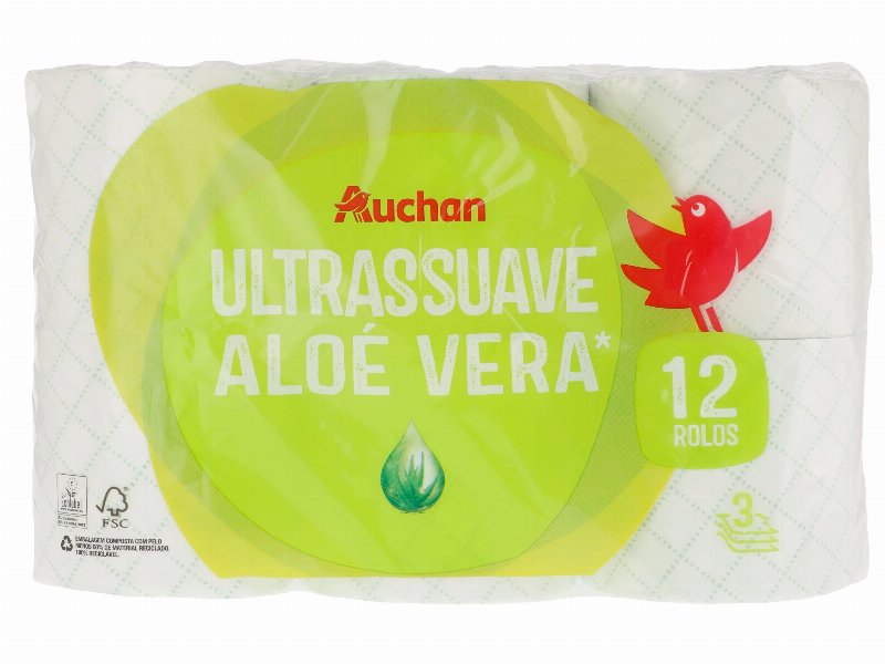 Papel Higiénico Auchan Ultrassuave Aloé Vera 3 Folhas 12 Rolos