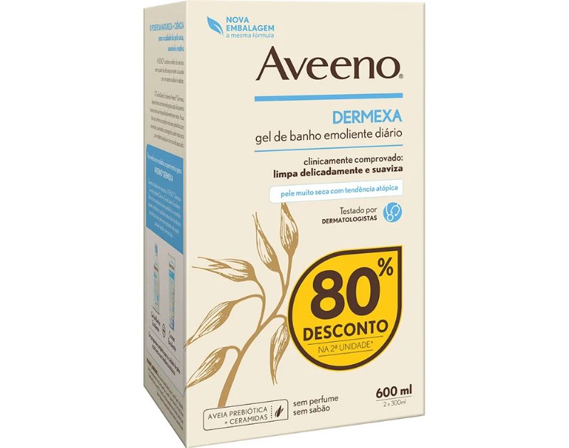 Gel Aveeno Dermexa De Banho 2X300 ml 80% Na 2ªun