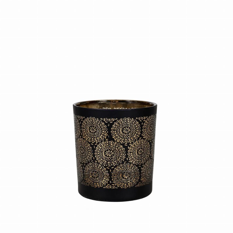 Hkh Porta Velas Vidro Mandalas Preto/Dourado