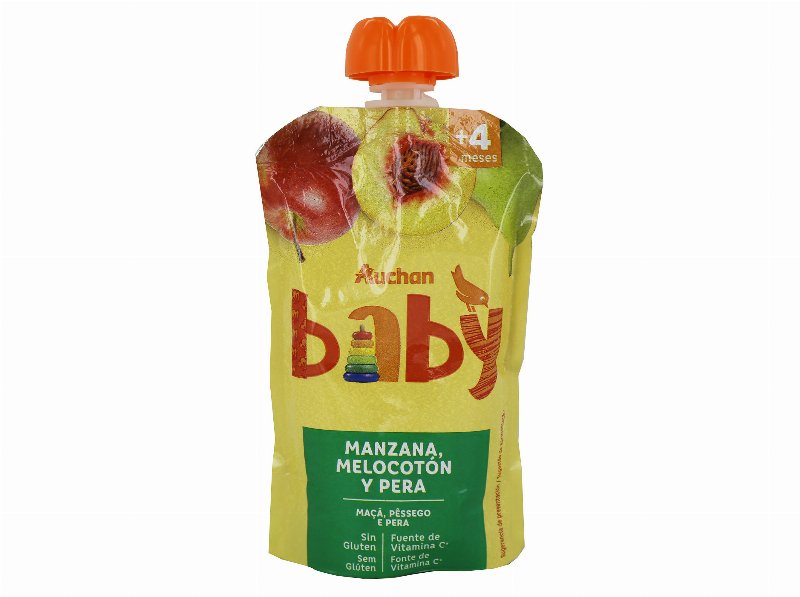 Saqueta Fruta Auchan Baby Maçã Pêssego Pêra Sem Glúten 120 g