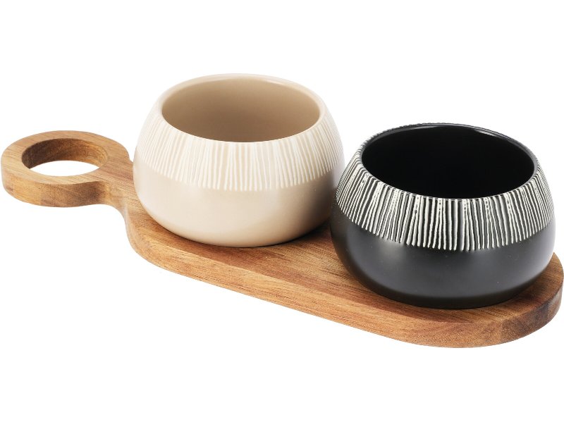 Conjunto De 2 Taças Servir Grês Com Tabuleiro Madeira