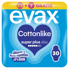 Pensos Higiénicos Cottonlike Super Plus Com Abas Evax 23 Un + 7 Un Grátis