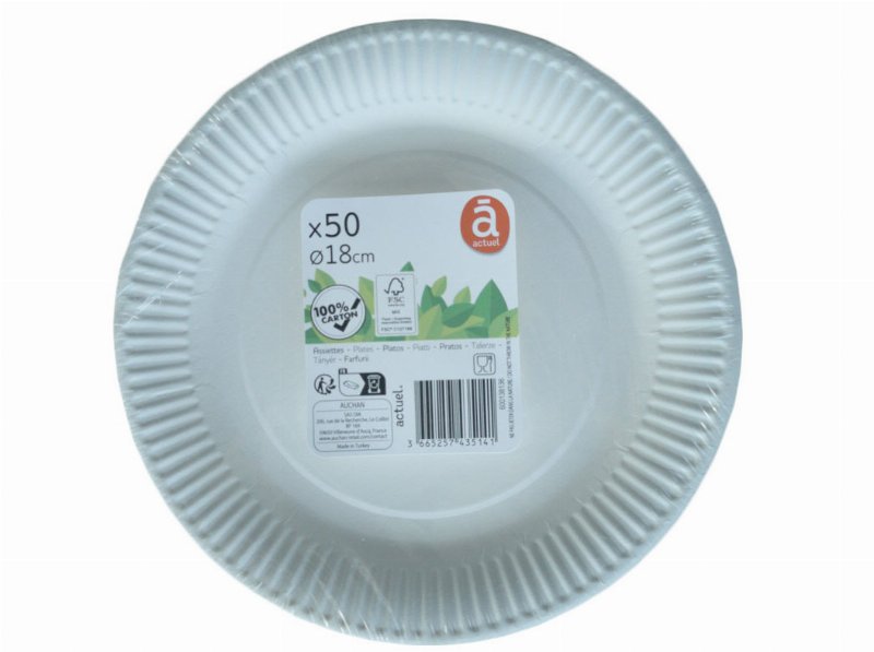 Prato Cartão Auchan Essencial Branco 18Cm 50 Unidades