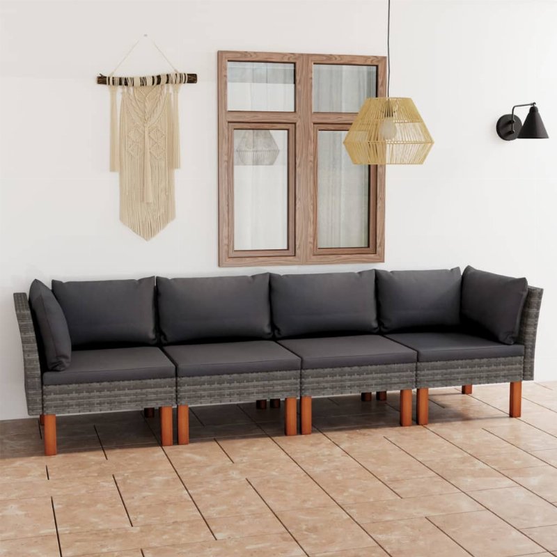 Hkh Sofá De Jardim De 4 Lugares Com Almofadões Vime Pe - Cinzento