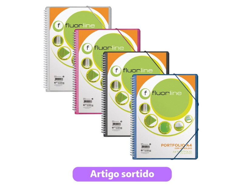 Portfolio A4 Fluorline Espiral 20 Bolsas Cores Sortidas