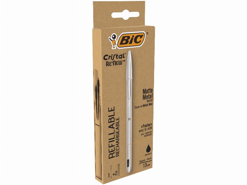 Esferográfica Cristal Bic Re'new Preto 1 Unidade + 2 Recargas