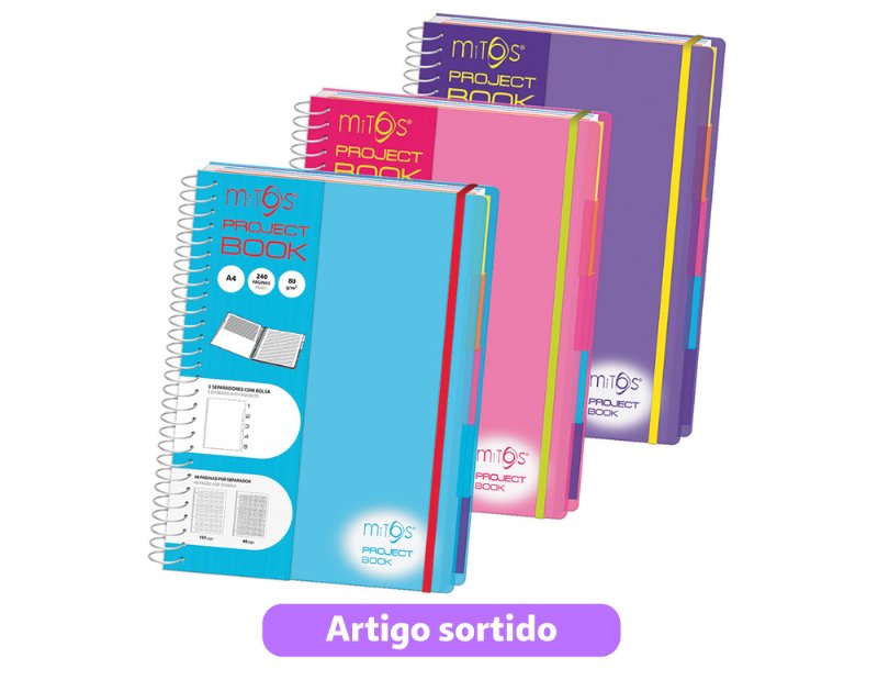 Caderno Projetos A4 Pautado E Quadriculado Mitos Com Elástico E 5 Separadores Cores Sortidas
