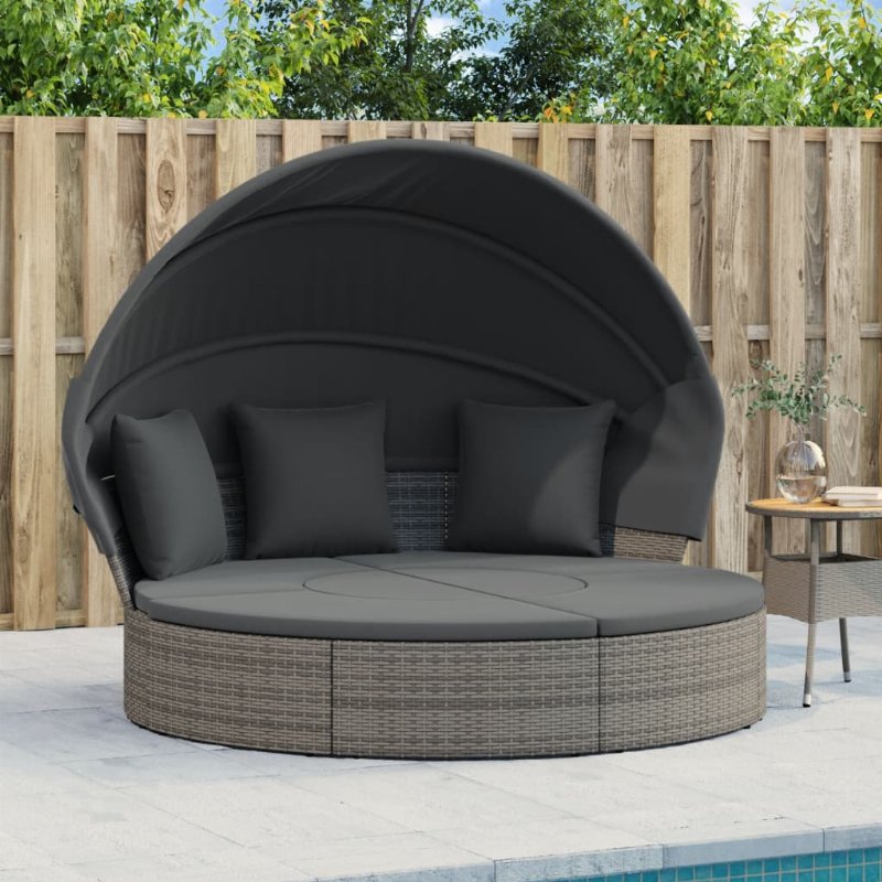 Hkh Cama Lounge De Exterior C/ Toldo E Almofadões Vime Pe Cinzento - Cinzeto