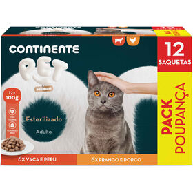 Comida Húmida Para Gato Adulto Esterilizado Vaca, Peru, Frango E Porco Continente Pet 12 X 100 g