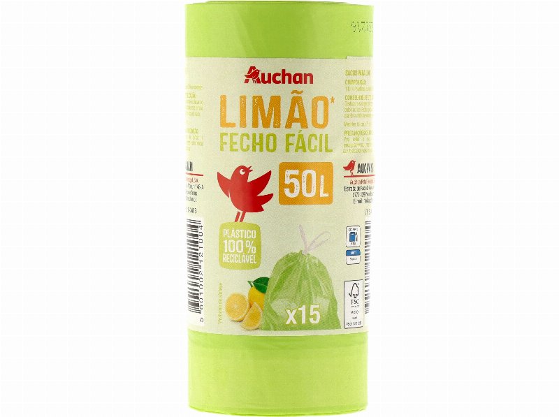 Saco Lixo Auchan Limão Fecho Fácil 50 l 15Un