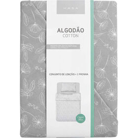 Conjunto De Lençóis Algodão Floral Cinza Kasa