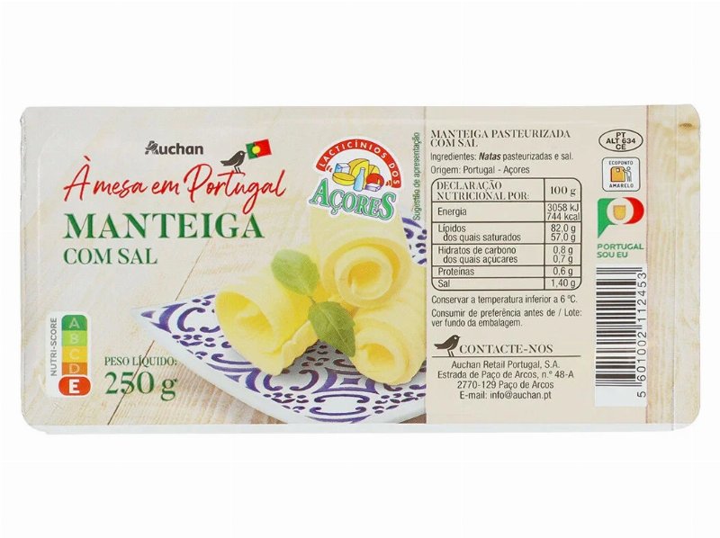 Manteiga Auchan À Mesa Em Portugal Pasteurizada Com Sal Açores 250 g