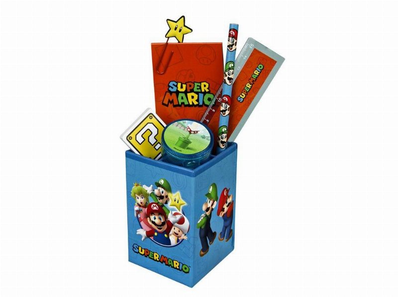 Conjunto Papelaria Super Mário Com Copo Metálico 7 Peças