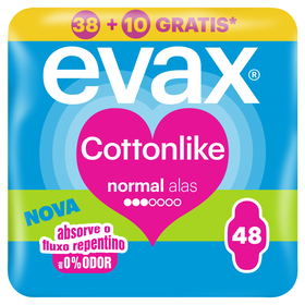 Pensos Higiénicos Cottonlike Normal Com Abas Evax 38 Un + 10 Un Grátis