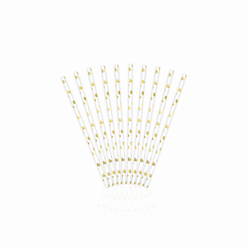 Pack 10 Palhas Papel Branco Coração Dourado 19,5 Cm