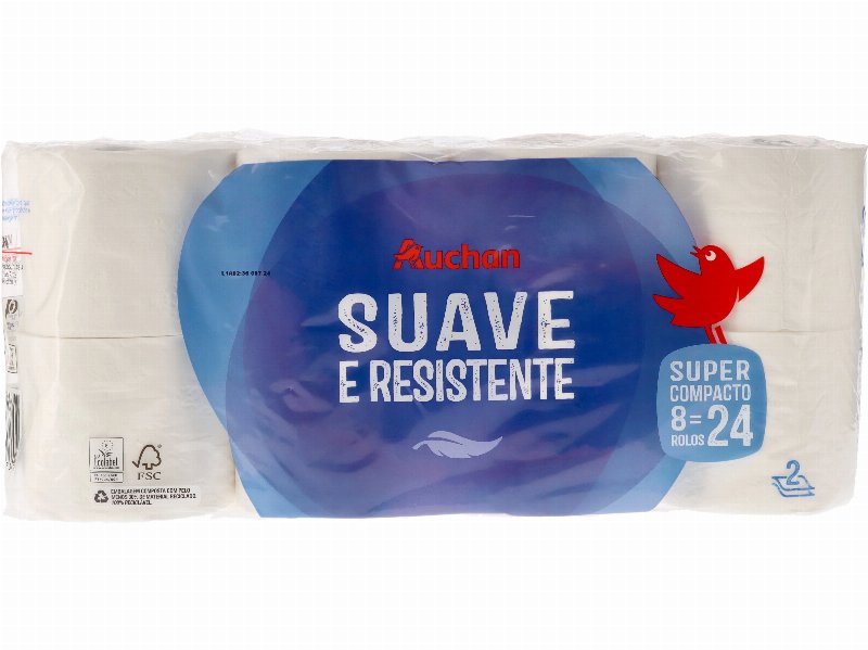 Papel Higiénico Auchan Suave E Resistente Folha Dupla Super Compacto 8 Rolos = 24 Rolos
