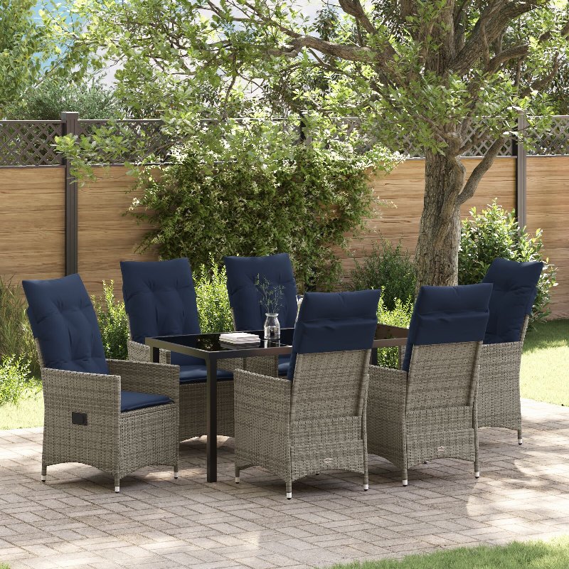 Hkh Conjunto De Jantar De Jardim Com 7 Peças E Almofadas Em Rattan De Polietileno Cinza, Hkh Mesa De Jardim Preta 160X80X73 Cm Com Vidro Temperado - Bege