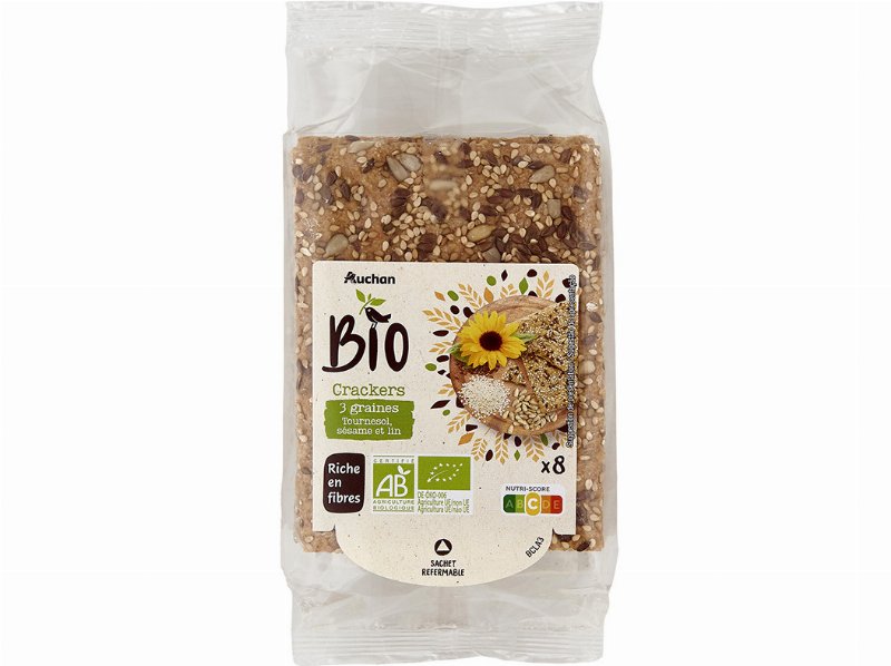Bolachas Crackers Auchan Bio Sementes Girassol Sésamo Linho 200 g