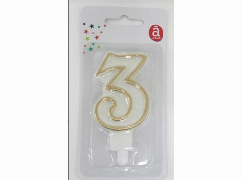 Vela Aniversário Nº 3 Actuel Branco C/Reb Dourado