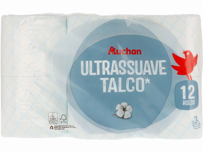 Papel Higiénico Auchan Ultrassuave Talco 3 Folhas 12 Rolos