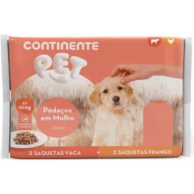 Comida Húmida Para Cão Júnior Pedaços Vaca E Frango Saquetas Continente Pet 4 X 100 g