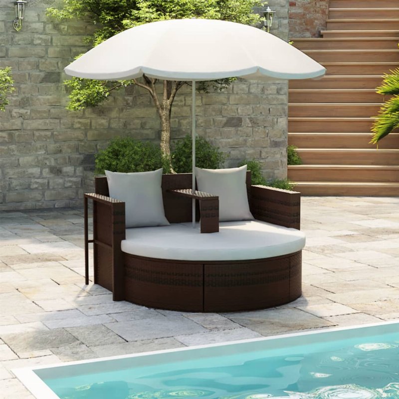 Hkh Espreguiçadeira Para Jardim Com Guarda-Sol Vime Pe Castanho - Marrom
