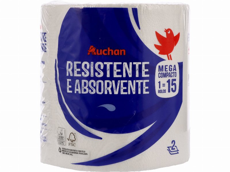 Rolo Cozinha Auchan Resistente E Absorvente 2 Folhas Mega Compacto 1 Rolo = 15 Rolos