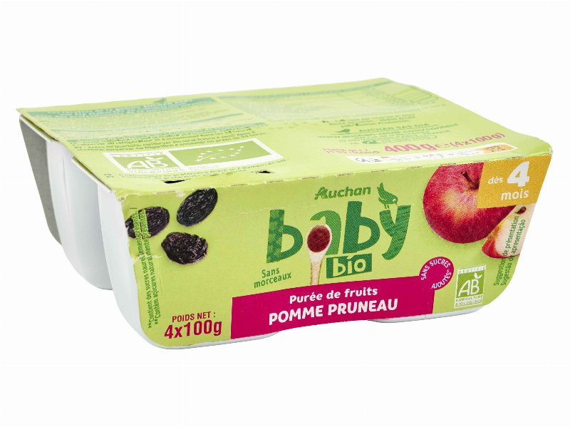 Tacinha Fruta Auchan Baby Bio Maçã E Ameixas Sem Glúten 4X100 g