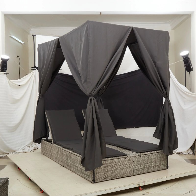 Hkh Camas De Sol Dupla Com Teto E Cortinas Cinza Claro Em Vime Sintético - Cinzento-Claro