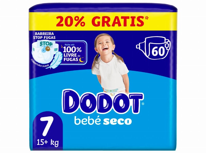 Fraldas Dodot Bebé Seco Jumbo T7 15+Kg 60Un