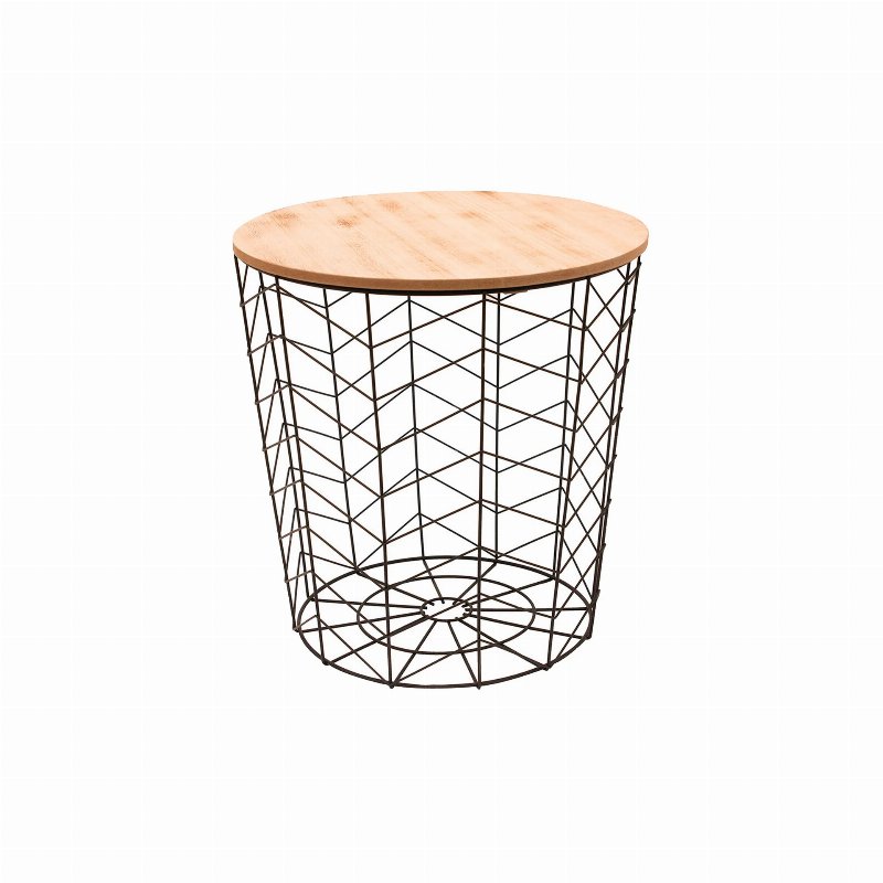 Mesa De Apoio Redonda Tampo Madeira E Estrutura Metal Preta Chevron