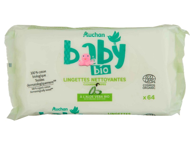 Toalhitas Auchan Baby Bio Aloé Vera 100% Algodão 64Un