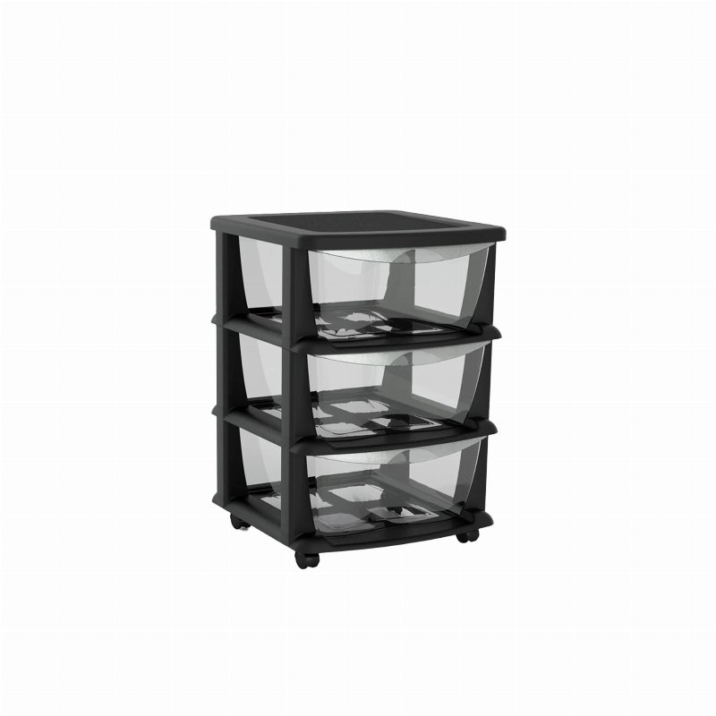 Practikart Gaveteiro Preto Com Rodas E 3 Gavetas Transparentes