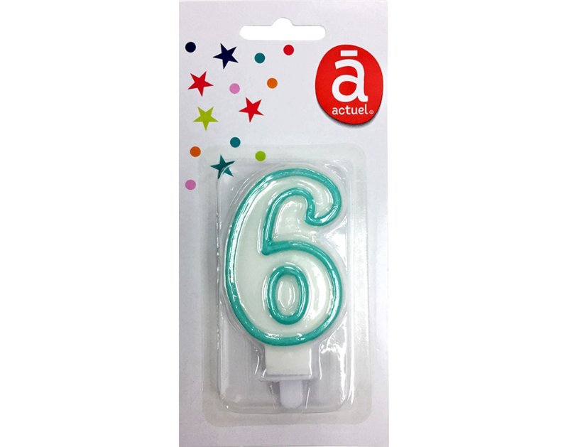 Vela De Aniversário Actuel Branco Com Rebordo Azul Número 6