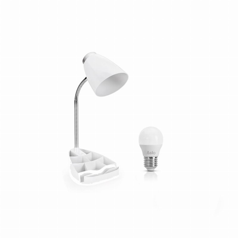 Aslo Candeeiro Secretária Branco Com Suporte Multi-Funções + Lâmpada Led Esf E27 5W 40