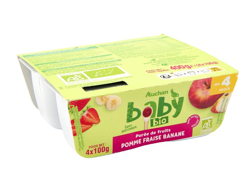 Tacinha Fruta Auchan Baby Bio Maçã Morango Banana Sem Glúten 4X100 g