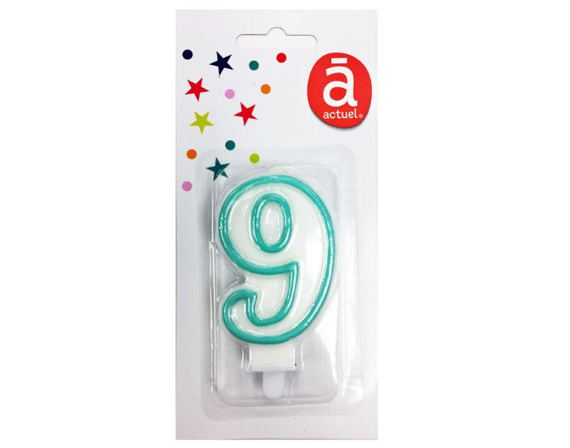 Vela De Aniversário Actuel Branco Com Rebordo Azul Número 9