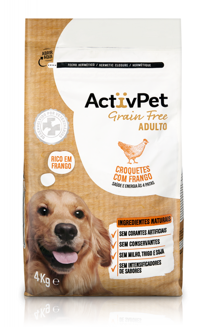 Comida Seca Para Cão Adulto Croquetes Com Frango Grain Free Activpet 4Kg