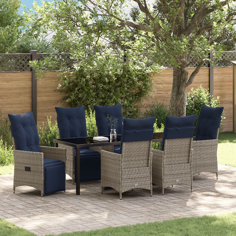 Conjunto Jantar Jardim 7 Peças Almofadas Rattan Poliéster Cinza Hkh, Mesa Jardim Preta 200X80X73 Cm Com Vidro Temperado Hkh - Bege