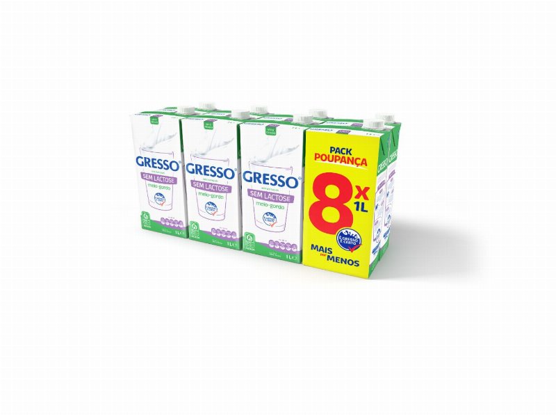 Leite Uht Gresso Meio Gordo Sem Lactose 8X1 l