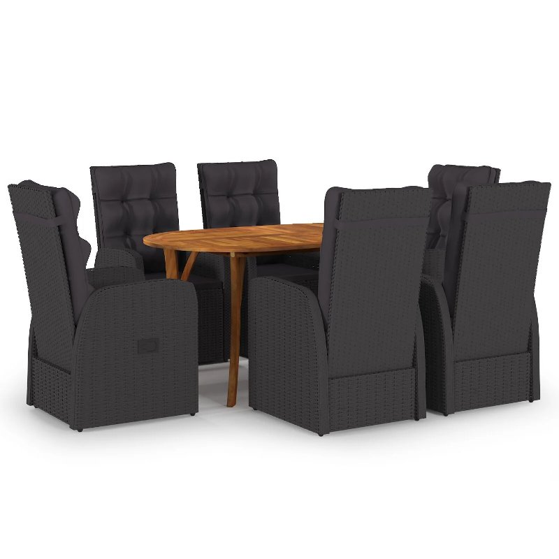 Hkh Conjunto De Jantar De 7 Peças Da Com Almofadas Pretas De Rattan Acácia - Preto
